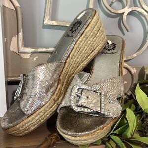 Yellow Box Silver Leather Espadrille Wedge with Rhinestone Buckle Women’s 8